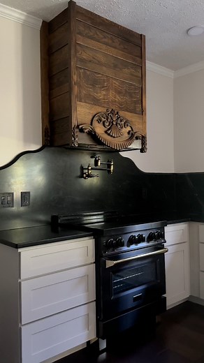 1800s ANTIQUE BED FRAME turned into a kitchen hood vent?! Yep, sometimes I have these weird ideas and this time it worked out! Haha! I think it adds so much character and warmth to our modern Victorian style kitchen renovation! What do you think about this diy upcycling project? #antiques #diyprojects #KitchenUpgrade #kitchenremodel #kitchenreno #kitchenrenovation #homerenovation #homeremodel #diyideas #kitchendesign #interiordesign #kitcheninspo #vintagemodern | Peony and Honey