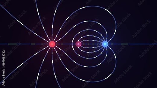 Animated glowing magnetic field lines connecting positive and negative point charges rotating