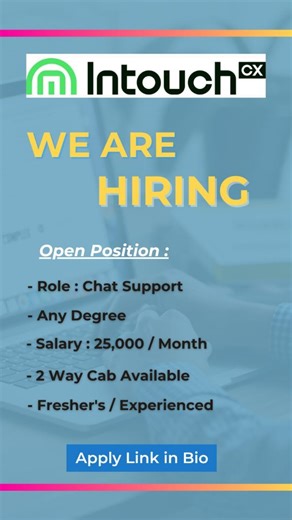 Job Updates Telugu on Instagram: "More Details In Below 👇 IntouchCX Recruitment 2026 Job Role : Chat Process Qualification : Degree / B.Tech Batch : 2020 - 2025 Salary : 3 LPA Training Period : 15 Days Location : Hyderabad Freshers Can Apply : Yes Experience Can Apply : Yes Skills : Good Communication Cab Available : No Work Mode : Work From Office Working Days : 5 days Last Date : As soon as Possible #intouch #intouchrecruitment #intouchcares #intouchjobs #workfromhomejobs"