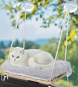 Foldable Cat Window Perch, Soft Window Bed for Overlooking, Sunbathing and Climbing,Stable Cat Seat Mounted with Strong Suction Cups- Maximum Hold Up to 40lbs(Light Grey)