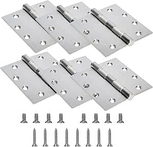 6-Pack 4.5 inch X 4.5 inch Heavy Duty Commercial Door Hinge Thickened, with Silent Steel Plain Ball Bearing, Thickness 3 mm Stainless Steel Door Hinges, Square Corners with 48 Screws, Silver
