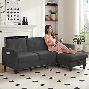 CECER Sectional Sofa Couches for Living Room, 3-Seater L-Shaped Couch with Storage Ottoman, Modern Corduroy Convertible Sectionals Sofas for Small Space, Apartment and Studio, Dark Grey