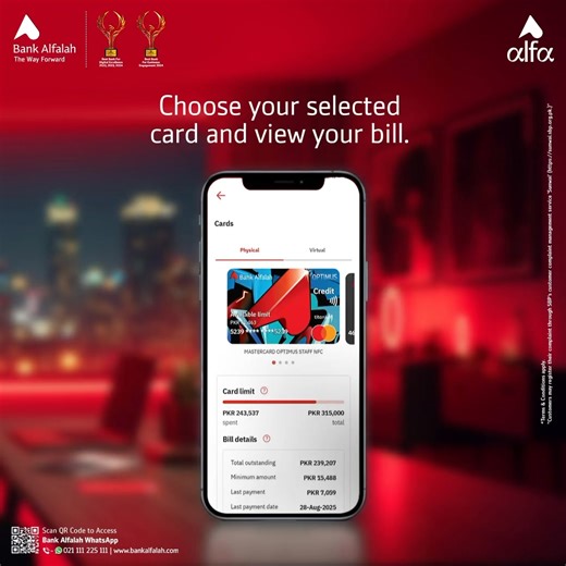 Learn how to pay your hefty credit card bills with ease through Alfa! Download the App Now: https://onelink.to/u9b8fx Terms & Conditions Apply. If you have any suggestions or complaints, please reach out to us via: Phone Banking at 021-111-225-111 Email: contactus@bankalfalah.com In case you are not satisfied with our response, you may also register your complaint at 'Sunwai' via: https://sunwai.sbp.org.pk Never miss an update! Join the Bank Alfalah WhatsApp Channel now. https://whatsapp.com/cha