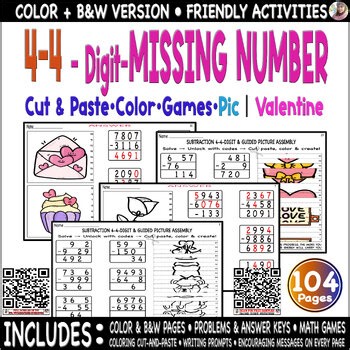 Valentine | Subtraction 4 Digit With regrouping Missing number, coloring, games