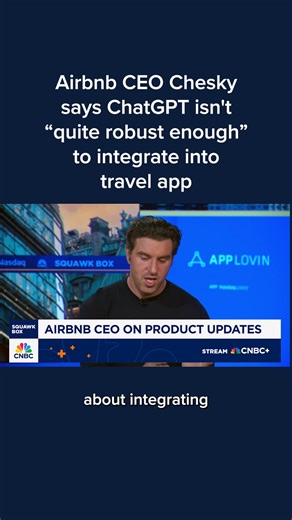 Airbnb CEO Brian Chesky said he wants to integrate ChatGPT artificial intelligence capabilities into the travel platform but the software isn’t ready. “The [software development kit] wasn’t quite robust enough for the things we want to do,” he told CNBC’s “Squawk Box” on Wednesday. Read more: cnb.cx/4hy1sWL | CNBC