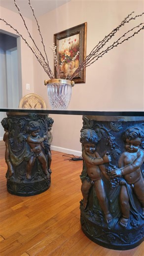 72 Inch Vintage Glass Top Dining Table on 30 Inch Monumental Cast Bronze Cherub Pedestals – Sculptural Hollywood Regency Style Local Pickup - Etsy