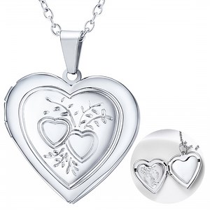 U7 Women Silver Locket Necklace Custom Picture Love Heart Pendant Memorial Gift for Mom Daughter Birthday Mother's Day Valentine