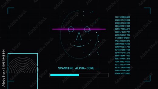 A digital interface scans multiple faces with glowing outlines and data streams, initializing core systems across a grid of futuristic HUD panels.