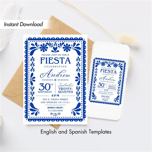 Papel Picado Birthday Invitation Template, Blue Mexican Fiesta Invite, Editable Canva Invitation, Bilingual Spanish English Download - Etsy