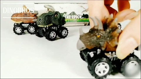 DINOBROS Pull Back Dinosaur Car Toys 4 Pack Dino Toys for 3 Year Old Boys and Toddlers T-Rex Dinosaur Games Monster Trucks