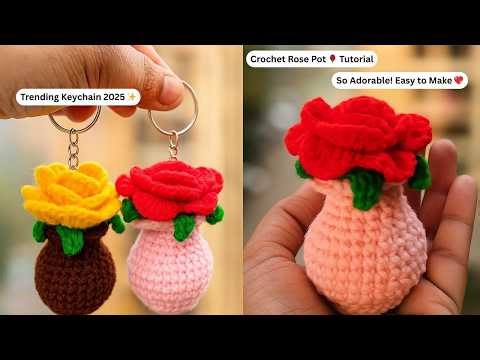 EASY Crochet Rose Pot Keychain Tutorial for Beginners | Trending Keychain Idea