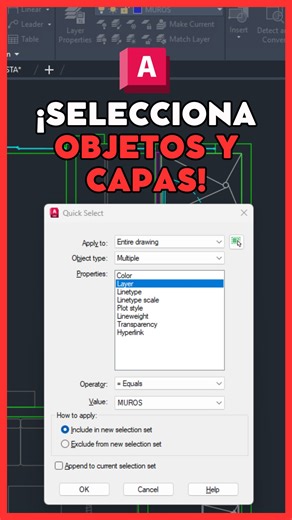 Cómo seleccionar por capas o colores en AutoCAD con el comando QSELECT. #autocad #autocad2d #autocaddrawing #autocadarchitecture #autocaddesigning #autocadtutorial #autocadplan #autocadtraining | Arqvis