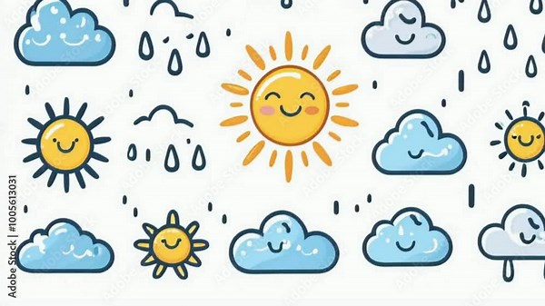 Cute Hand-Drawn Weather Icons with Smiling Sun and Clouds. Cute Doodle Icons of Stars, Sun, Clouds, Rain, Snow and Other Objects on a White Background