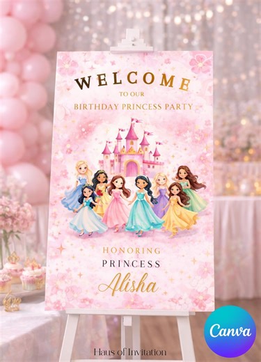 Princess Birthday Welcome Sign Printable | Fairytale Party Entrance Decor | Princess Party Welcome Poster 20x30 | Editable Canva Template - Etsy