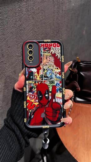 Casing ponsel Deadpool komik, untuk iPhone dan Android, dengan tali