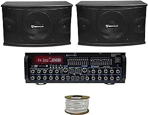 Pair Rockville KPS10 10" 3-Way 1200w Karaoke Speakers+Bluetooth Amplifier Mixer + Rockville R14GSBR100 Red/Blk 14 Gauge 100' Ft. Mini Spool Car Audio Speaker Wire
