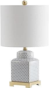 JONATHAN Y 21.5" White and Navy Blue Ceramic Ginger Jar LED Table Lamp, Modern Chinoiserie Fishnet Pattern with White Linen Shade and Brass Gold Base, LED Bulb Included JYL3043A