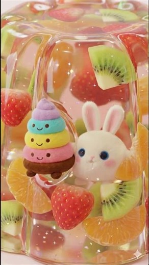 Cute Fluffy Bunny in Fruit Jelly 🍓🥝 Satisfying 3D Animation #Fluffys #shorts