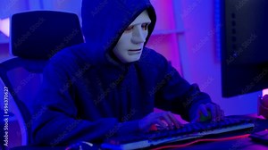 Close up portrait of asian young hacker man start to typing on laptop keyboard and breaking password. Male engaging hacking into security systems. Computer Hacker Breaking Cyber System, Chroma Key
