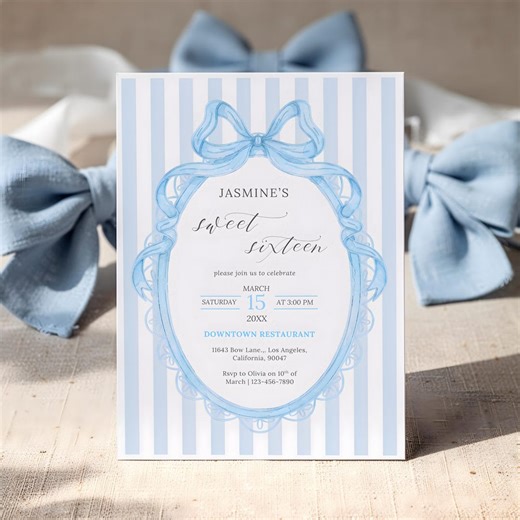 Blue Bow Sweet 16 Birthday Invitation: Vintage Coquette Ribbon Girls 16th Birthday Party Invite | Blue Stripes Editable Canva Template - Etsy
