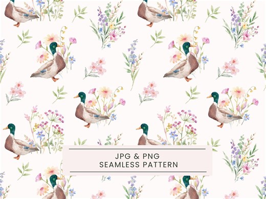 Mallard Duck Seamless Pattern, Duck Pattern Watercolor, Duck Repeating, Spring Digital Paper, Watercolor Pastel Floral, Cottagecore Floral - Etsy