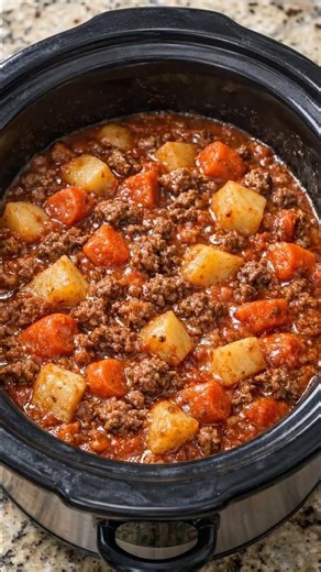 Dish Name: Slow Cooker Beef and Potato Stew Ingredients - 500 g ground beef - 3 medium potatoes (cubed) - 2 carrots (sliced) - 1 small onion (chopped) - 2 cloves garlic (minced) - 2 cups tomato sauce - 1 cup beef broth - 1 tsp paprika - 1 tsp dried oregano - ½ tsp salt - ½ tsp black pepper - 1 tbsp olive oil Recipe 1. Heat olive oil in a pan over medium heat and cook the chopped onion and garlic for 2–3 minutes. 2. Add ground beef and cook until browned. 3. Transfer the beef mixture to a slow co