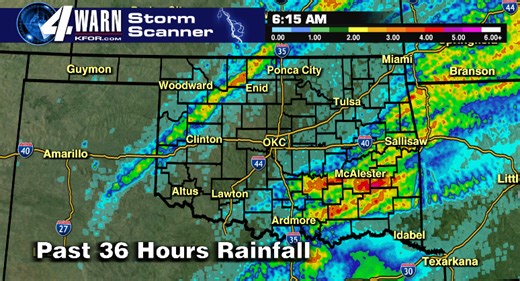 Here’s a look at the past 36 hour rainfall totals.  OKC Metro missed the rain again.