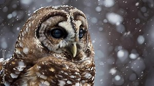 The elegant face of a spotted owl is highlighted in this closeup shot with its intricate facial markings and soft feathers illuminated