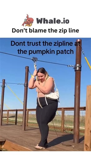 Sxrface ☠️ on Instagram: "- The post shares a 15-second video of a woman halting mid-zipline at a pumpkin patch due to insufficient momentum from apparent overload, exceeding typical 250-275 lb safety limits per industry standards. - Caption “Don’t blame the zip line” uses irony to highlight physics—friction and gravity—over equipment flaws, driving 2.8 million views and 8,600 likes in two days via relatable fail humor. - Replies blend jokes on mass and daredevilry with a similar fail clip, illu