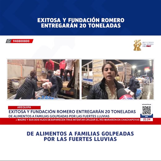 🔴🔵#ExitosaTeEscucha 🎤 | En la región de Arequipa, Exitosa y Fundación Romero entregarán más de 20 toneladas de ayuda a familias afectadas por las intensas lluvias en el interior del país. 📻 95.5 FM 📡 6.1 señal digital abierta 📺 Movistar: 552 SD - 774 HD 🌐 exitosanoticias.pe | Exitosa Noticias