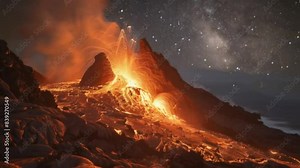 Epic Volcanic Eruption at Night in a Dramatic Style with Fiery Colors for Natural Disaster Concept