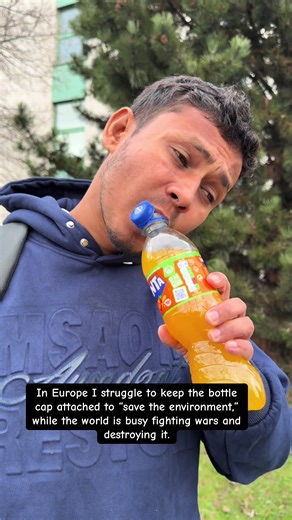 In Europe I struggle to keep the bottle cap attached to “save the environment,” while the world is busy fighting wars and destroying it. #worldwar #stopwar #saveenvironment #keeppeace #viralcontent @07Tilakkhatri🇳🇵