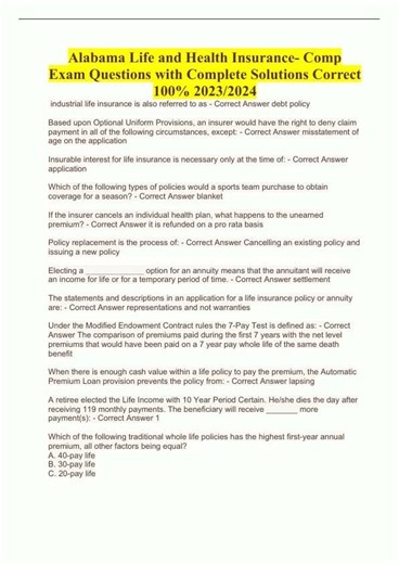 Alabama Life and Health Insurance Comp Exam Questions with Complete Solutions Correct 100 2023202432