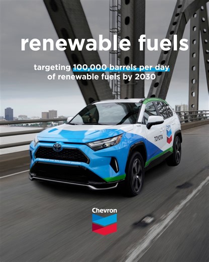 24K views · 1.1K reactions | We are targeting a production capacity of 100,000 barrels per day of renewable fuels by 2030. Learn more about how these fuels can offer a viable, scalable and lower carbon option for vehicles. https://chevron.co/renewable-fuels-offers-fb #CVX | Chevron | Facebook