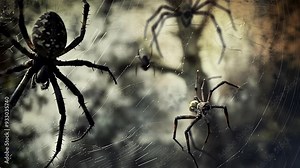 Big scary spiders in web. Spooky Halloween web and scary spiders in dark forest. Creepy spiderweb in nature Stock Video