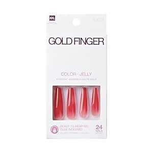 GoldFinger False Nails Kit, Jelly Color Ready to Wear Red Fake Nails, Manicure Stick and Glue Included, XX-Long Length, Coffin Shape, Long-Lasting Hottest Trend Glue on Nails