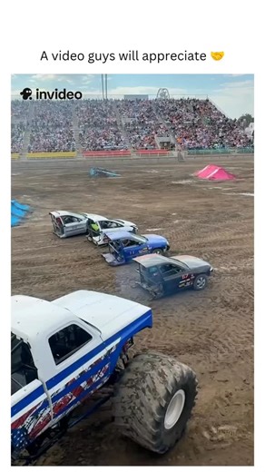 Being Guys on Instagram: "A large-scale motorsport demonstration designed for visual impact and crowd engagement. Via @monstertruckinsanitytour The Subject A monster truck lines up against standard passenger cars inside a stadium arena. The Mechanism The truck’s oversized tires and reinforced suspension distribute extreme weight and torque, allowing it to crush vehicle frames without losing stability or traction. The Purpose To showcase applied physics—mass, force, and momentum—in an exaggerated