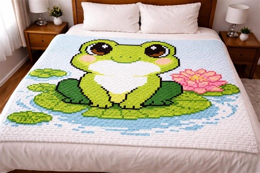 Frog With Lotus & Lily Pads Crochet Pattern | C2C | Tapestry | Digital Download - Etsy