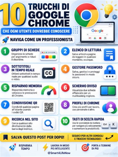 10 trucchi di Google Chrome che ogni utente dovrebbe conoscere Usi Google Chrome ogni giorno, ma sei sicuro di sfruttarne tutte le funzioni? In questa infografica trovi 10 trucchi e funzioni utili di Chrome per navigare più velocemente, organizzare meglio il lavoro, proteggere le password e aumentare la produttività. 1. Gruppi di schede Organizza le schede per argomento, progetto o attività e riduci il disordine nella barra del browser. Puoi raggruppare le schede con colori diversi e assegnare u