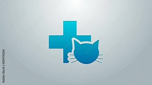 Blue line Veterinary clinic symbol icon isolated on grey background. Cross with cat veterinary care. Pet First Aid sign. 4K Video motion graphic animation