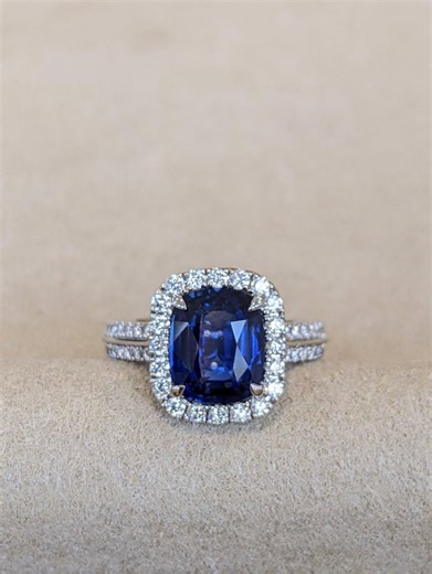 Lab Grown Blue Sapphire Diamond Bridal Ring, 14K White Gold Cushion Cut Certified - Etsy