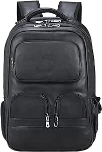 Masa Kawa Black Genuine Leather 17" Laptop Backpack for Men Large Summer Business Travel Rucksack Bag Overnight Daypack