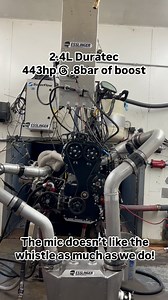 Who likes the boost whistle? Nice little turbocharged 2.4L Duratec on the dyno . It makes 443hp @ 7,400rpm with only .8bar (~12psig) boost from the Garrett G25-550. We’re way off on the right side of the compressor map with this one but it’s what the engine had when it was sent in for a rebuild. #esslingerpower #duratecpower | Esslinger Engineering