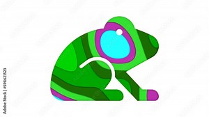 Multi-colored icon frog with colored spots floating inside. Looped from frame 120 to 839, Alpha BW at the end