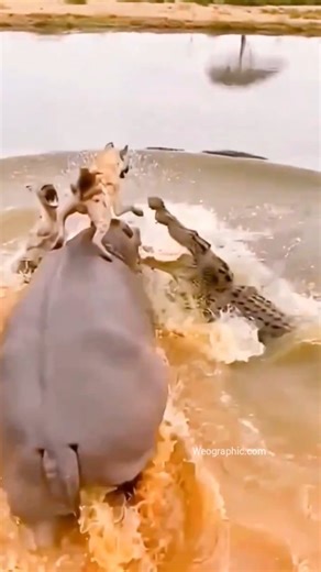 Nature Geography on Instagram: "Hyenas trying to attack a hippopotamus, and a crocodile helping the hippopotamus. A real animal spectacle. The crazy, hungry hyenas climb on top of the hippopotamus. When the hippopotamus enters the muddy lake, the hyenas try to hunt a crocodile. As you know, crocodiles and hippopotamuses are good friends. #hyena #hippo #croc #weographic #naturegeography"