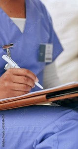 Woman, doctor and hands writing prescription, diagnosis or results on documents at hospital. Closeup of female person, nurse or medical worker taking notes, filling form or application at clinic