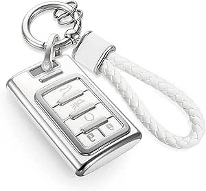 for Cadillac Key Fob Cover with Metal Braided Rope Keychain, Upgraded Soft Case for Escalade DTS STS CTS SRX XTS ATS etc. (5 Buttons SUV Only) Fob Shell (Silver Edge, C)