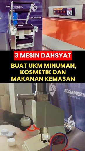 INI DIA! Paket 3 mesin wajib untuk UMKM yang pengen naik level cepat! 🚀 Halo Sobat SMI! Buat usaha minuman, kosmetik, atau makanan kemasan, 3 mesin ini siap bantu kamu: 🍶 FillingMaster: Ngisi jus atau sabun hingga 1.800 botol dalam 30 menit! Hemat tenaga dan super cepat. 🏷️ LabelJet: Mesin tempel label otomatis, bikin produkmu makin profesional dengan 40 label per menit. 🔥 ShrinkMaster: Pengemas plastik tebal untuk produk yang lebih kokoh dan tahan debu, bisa ngepak 600 pack dalam sejam! Den