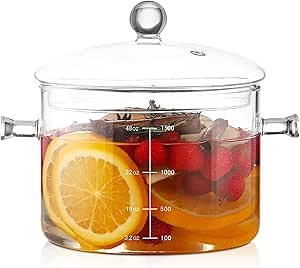 Glass pots for cooking on stove - 60OZ Heat-resistant glass pot with Precase Scale and Lid, glass simmer pot for stove top, Glass Saucepan Cookware for potpourri Pasta Noodle, Soup, Baby Food.