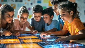 A group of children learning about solar energy in a classroom, engaging with interactive displays on renewable resources.
